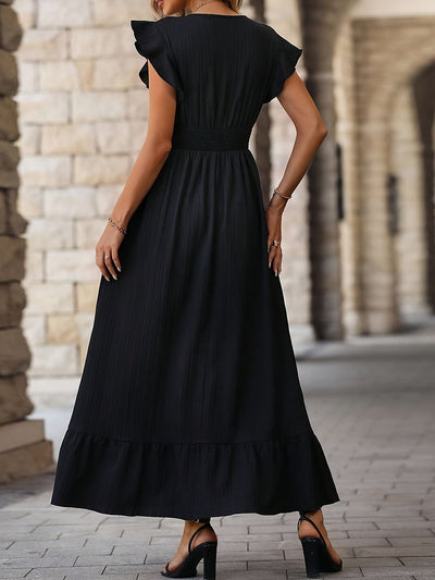 Elegant Black V-Neck Ruched Sleeve Dress