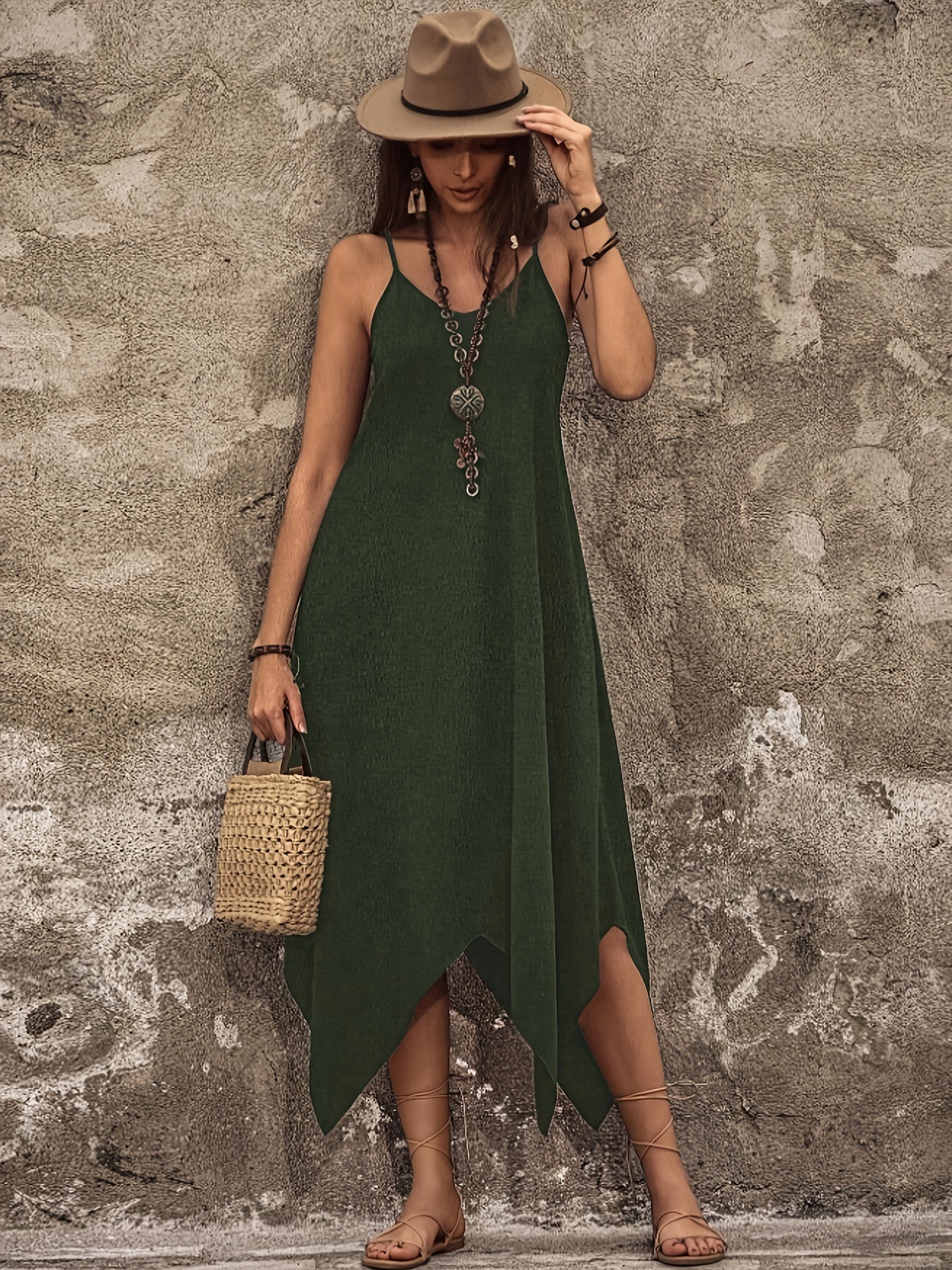 Elegant Olive Spaghetti Strap Dress