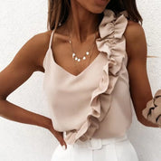 Women Blouse Shirts Sexy V Neck Ruffle Blouses Backless Spaghetti Strap Office Ladies Sleeveless Casual Tops