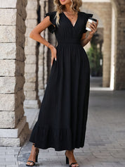 Elegant Black V-Neck Ruched Sleeve Dress