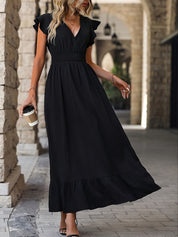 Elegant Black V-Neck Ruched Sleeve Dress