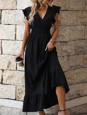 Elegant Black V-Neck Ruched Sleeve Dress