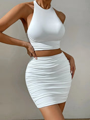 Women White Sexy Halter Neck Sleeveless Backless Two Piece Set Strapless Pleated Slim Bodycon Evening Dresses