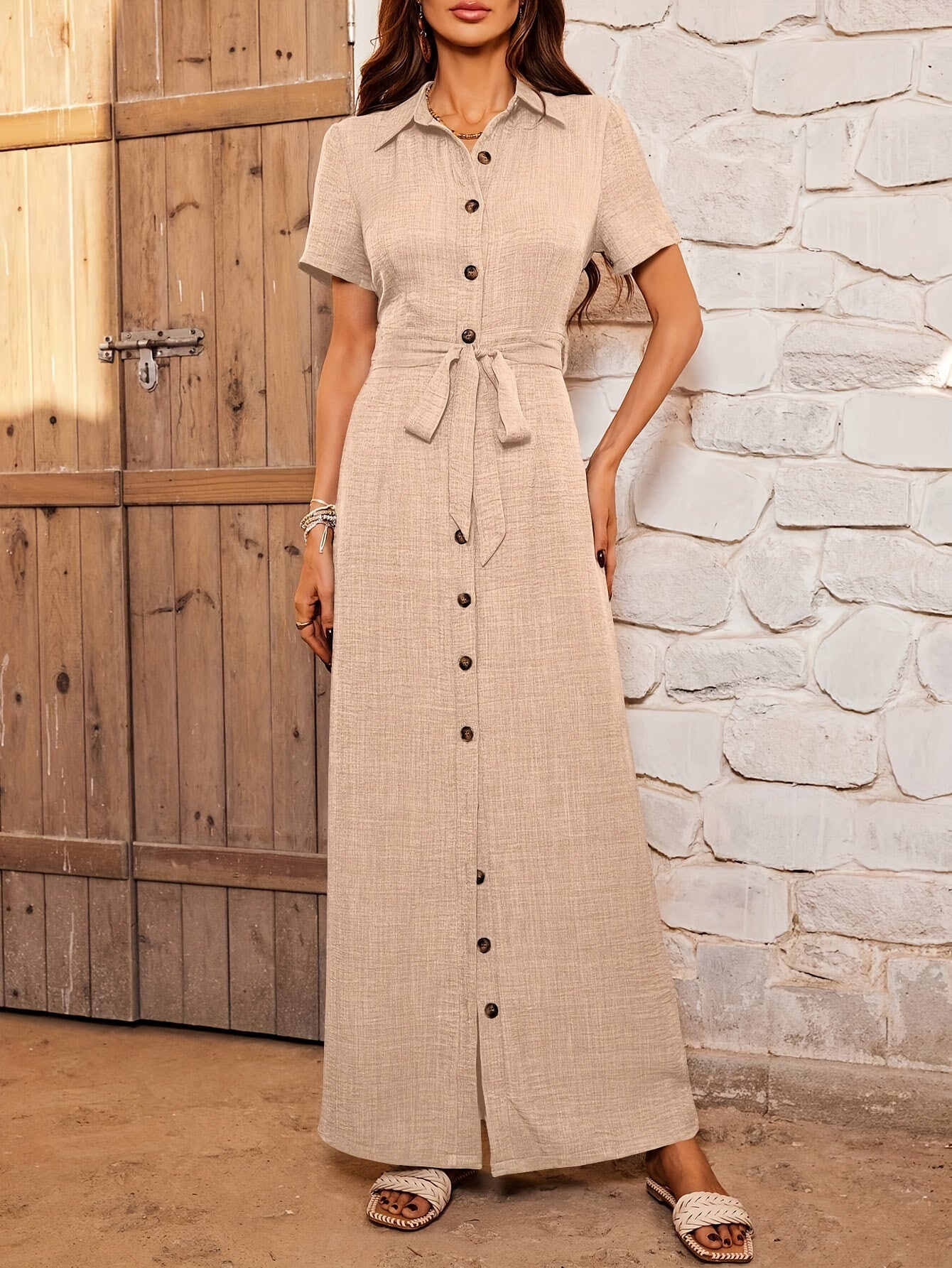 Casual Short Sleeve Belted Maxi Dress