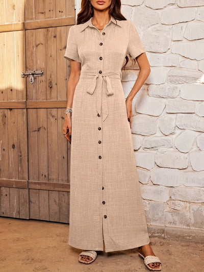 Casual Short Sleeve Belted Maxi Dress