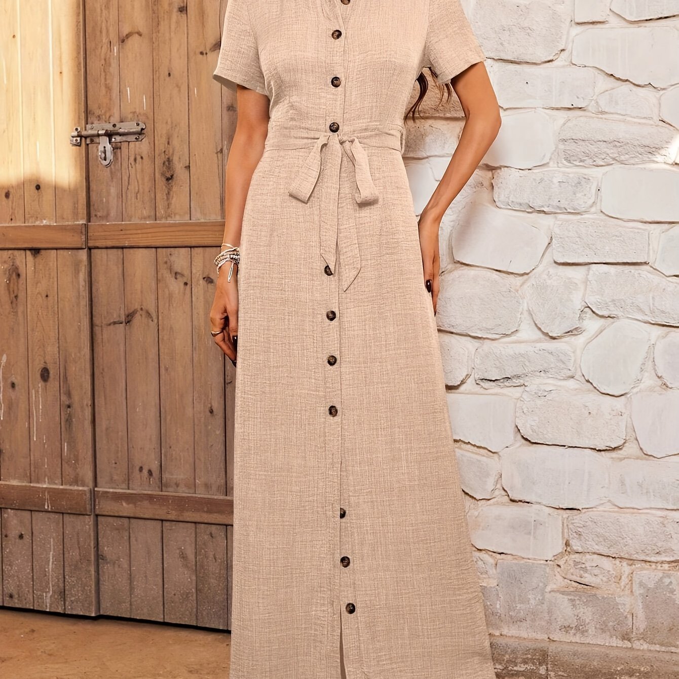 Casual Short Sleeve Belted Maxi Dress