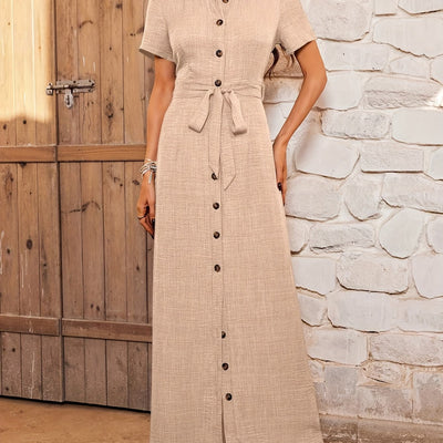 Casual Short Sleeve Belted Maxi Dress