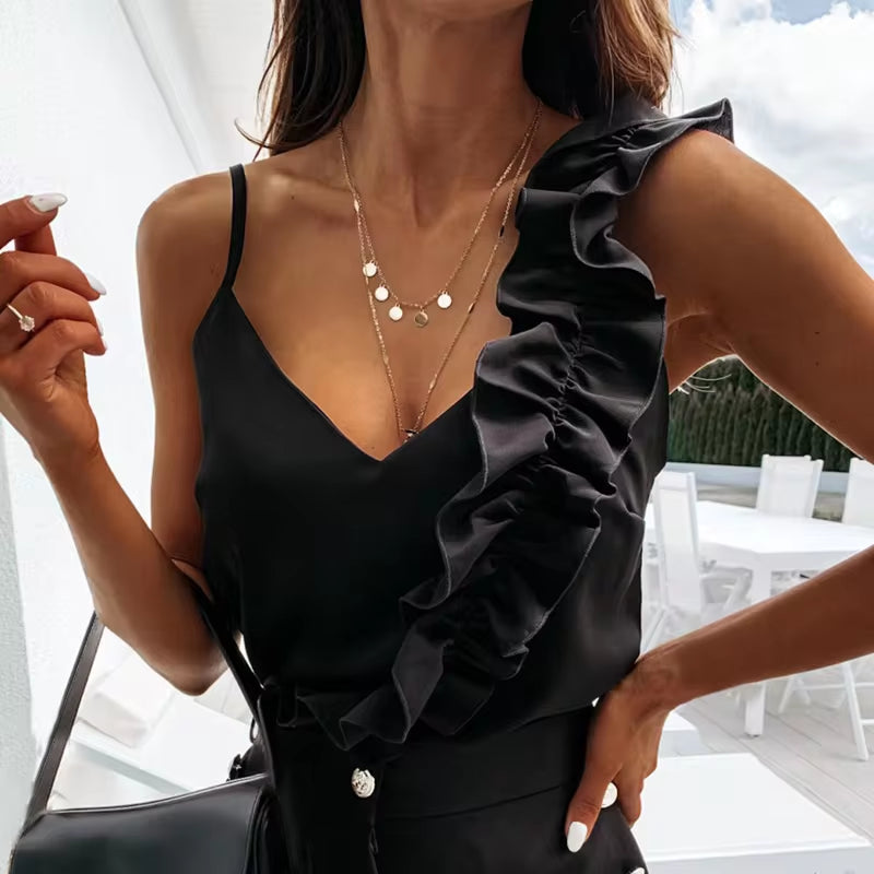 Women Blouse Shirts Sexy V Neck Ruffle Blouses Backless Spaghetti Strap Office Ladies Sleeveless Casual Tops