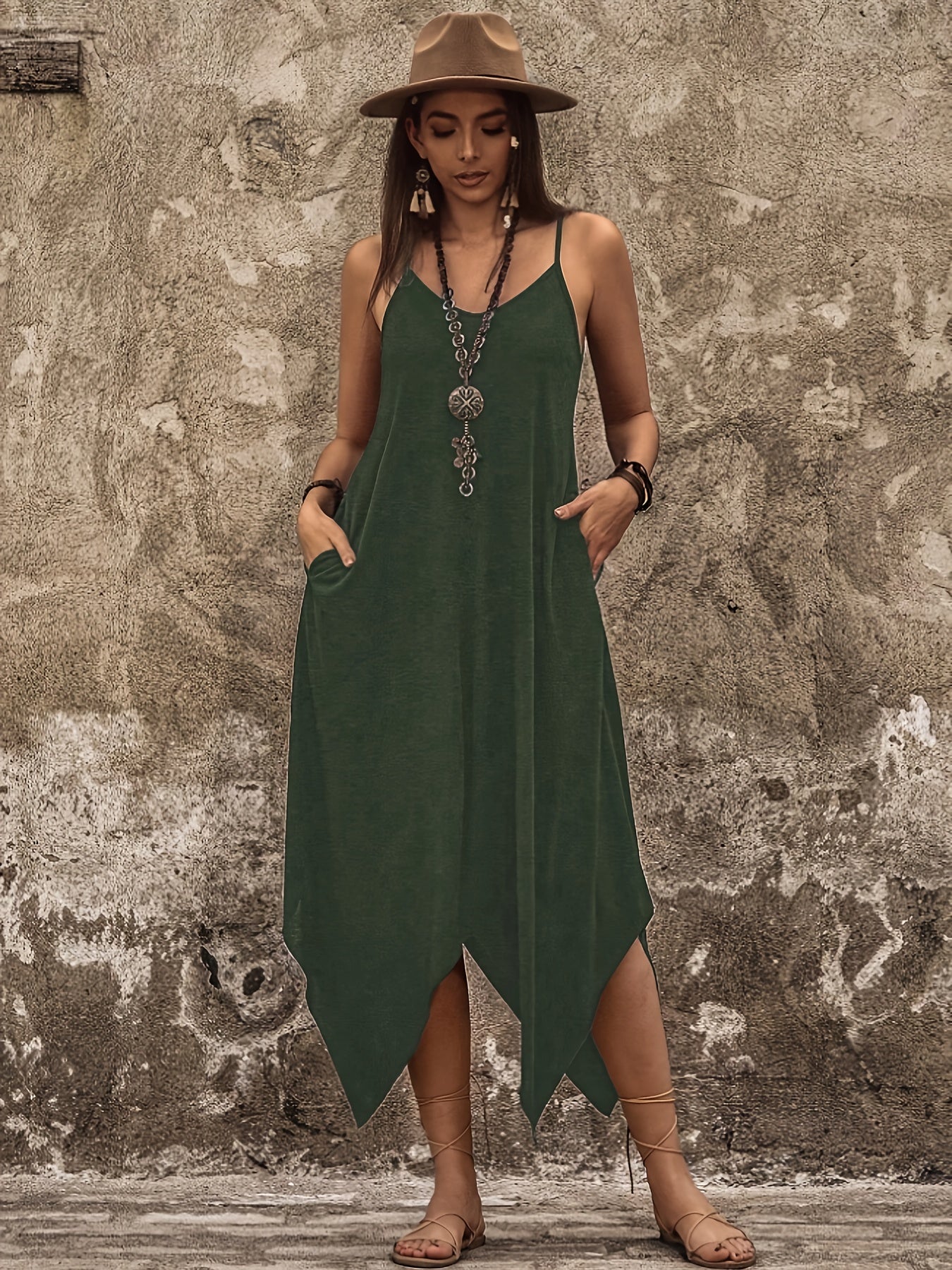 Elegant Olive Spaghetti Strap Dress