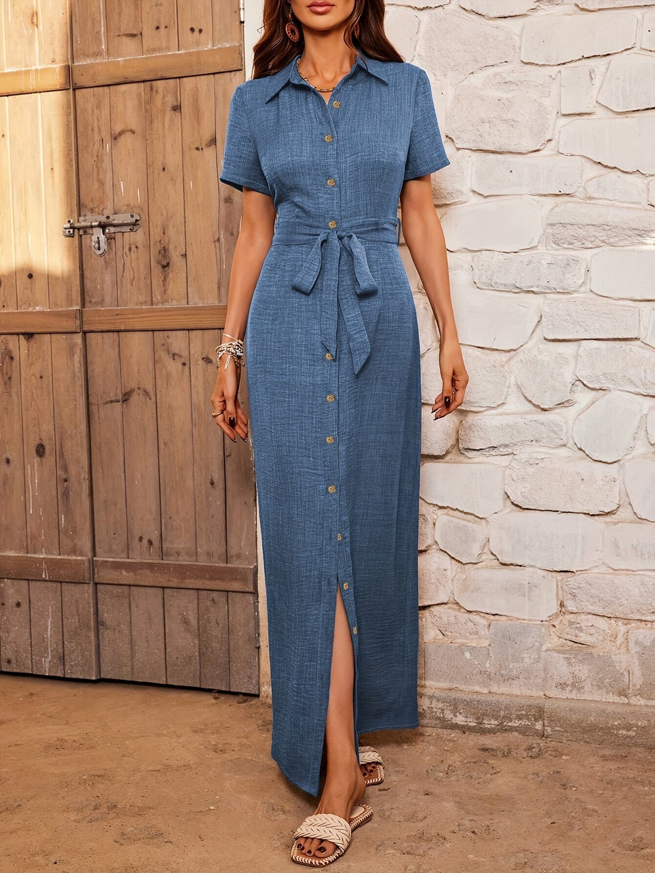 Casual Short Sleeve Belted Maxi Dress