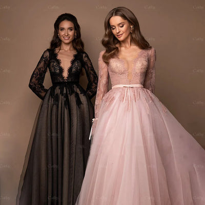 Black Lace V-Neck Tulle Evening Gown with Long Sleeves
