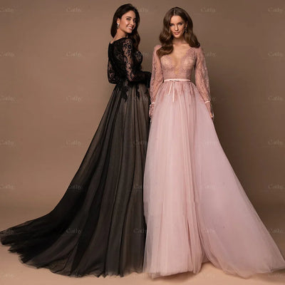Black Lace V-Neck Tulle Evening Gown with Long Sleeves