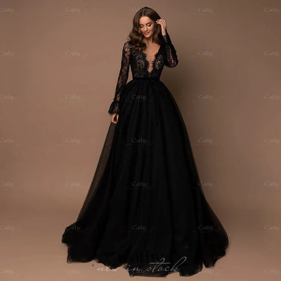 Black Lace V-Neck Tulle Evening Gown with Long Sleeves