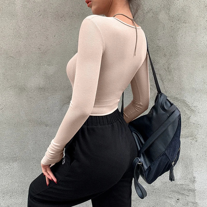Slim Fit O-Neck Bodysuit – Sleeveless Black & Beige Style
