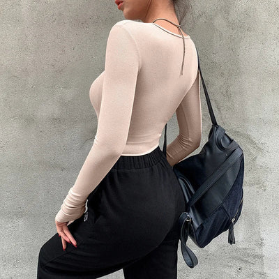 Slim Fit O-Neck Bodysuit – Sleeveless Black & Beige Style