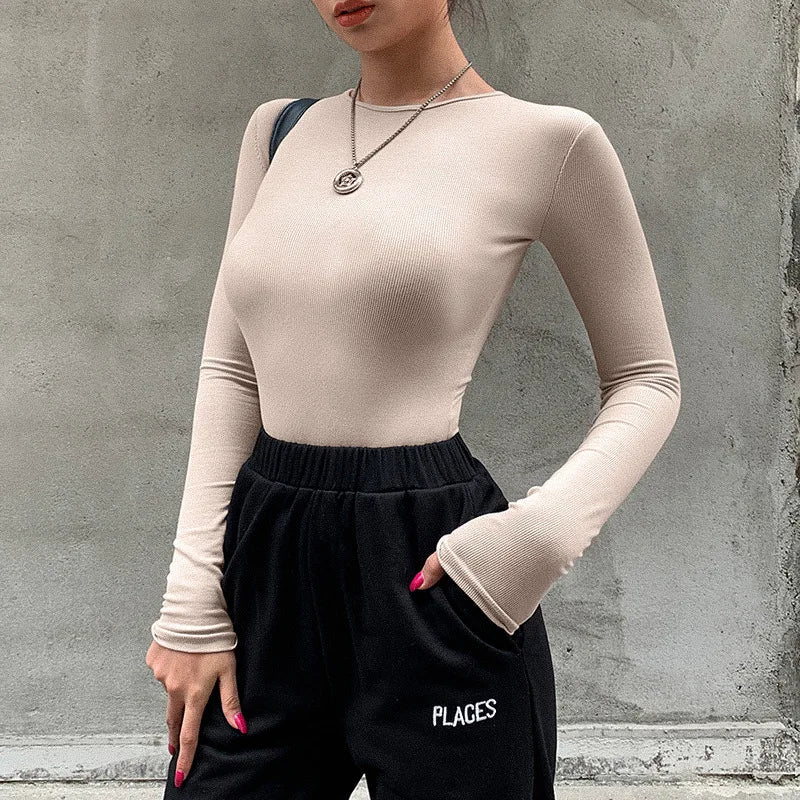 Slim Fit O-Neck Bodysuit – Sleeveless Black & Beige Style