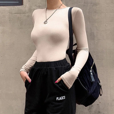 Slim Fit O-Neck Bodysuit – Sleeveless Black & Beige Style