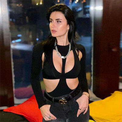 Cut-Out Bodysuit – Sexy Long Sleeve Skinny Fit in Black