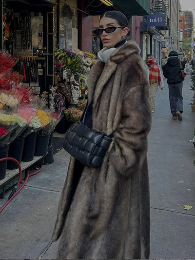 Dark Brown Faux Fur Long Overcoat