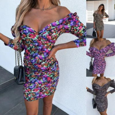 Off-Shoulder Floral V-Neck Dress – Long Sleeve Summer Style