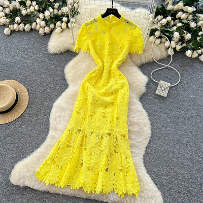 Slim Fit Lace Maxi Dress – French Hollow Out Style