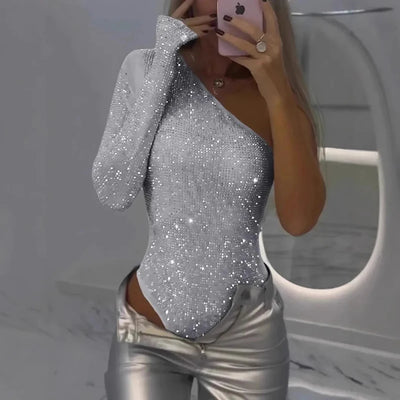 Sequined Asymmetrical Off Shoulder Bodysuit