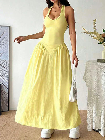 Backless Halter Maxi Dress – Solid Color V-Neck Slim Fit for Summer