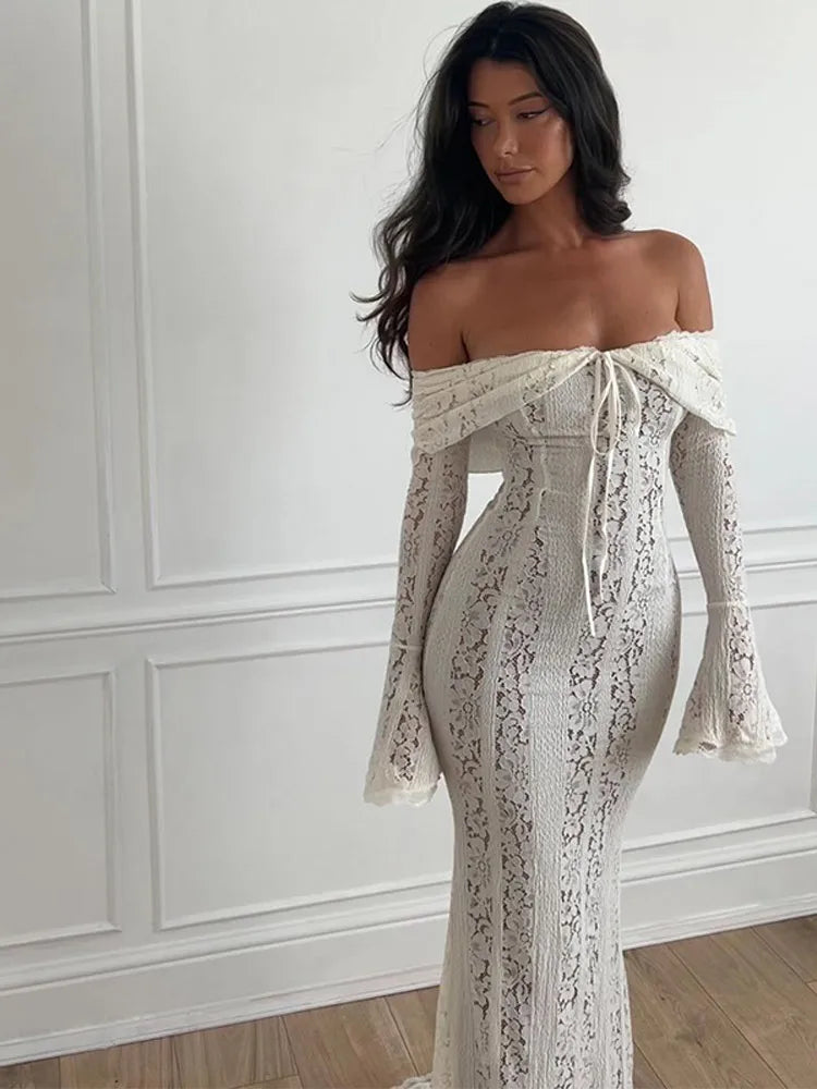 White Off Shoulder Lace Up Maxi Dress