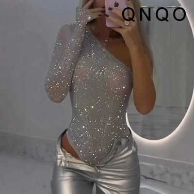 Sequined Asymmetrical Off Shoulder Bodysuit