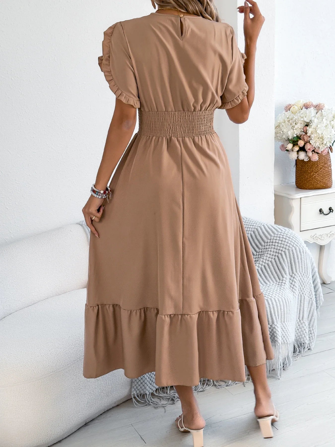 Ruffle Maxi Dress – Cinched Waist Elegant Spring Look