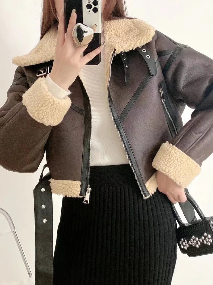 Winter Streetwear Faux Lamb Leather Fur Short Jacket