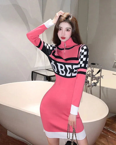 Sexy Crochet Bodycon Dress – Knitted Y2K Long Sleeve Look