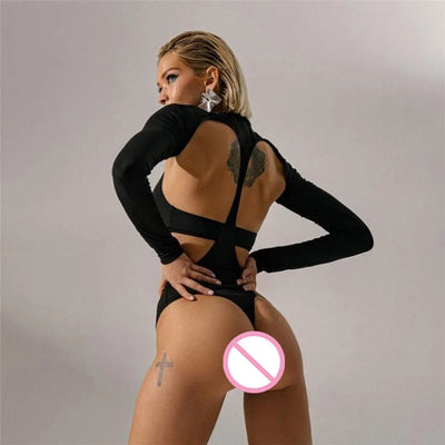Cut-Out Bodysuit – Sexy Long Sleeve Skinny Fit in Black