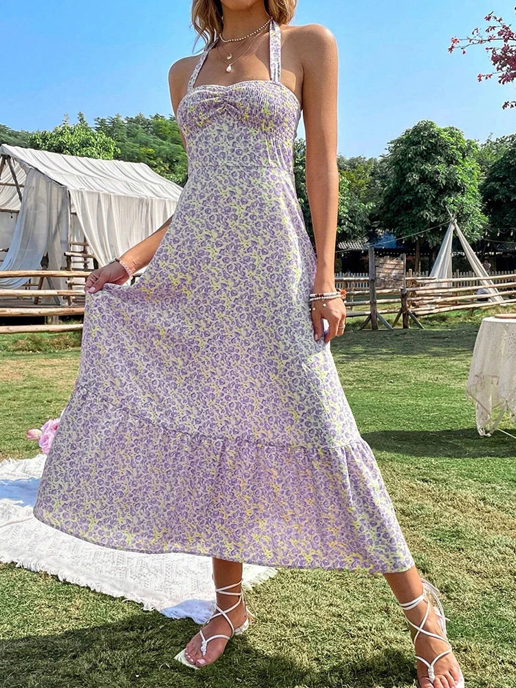 Green Floral Backless Ruffle Midi Dress – Summer 2024