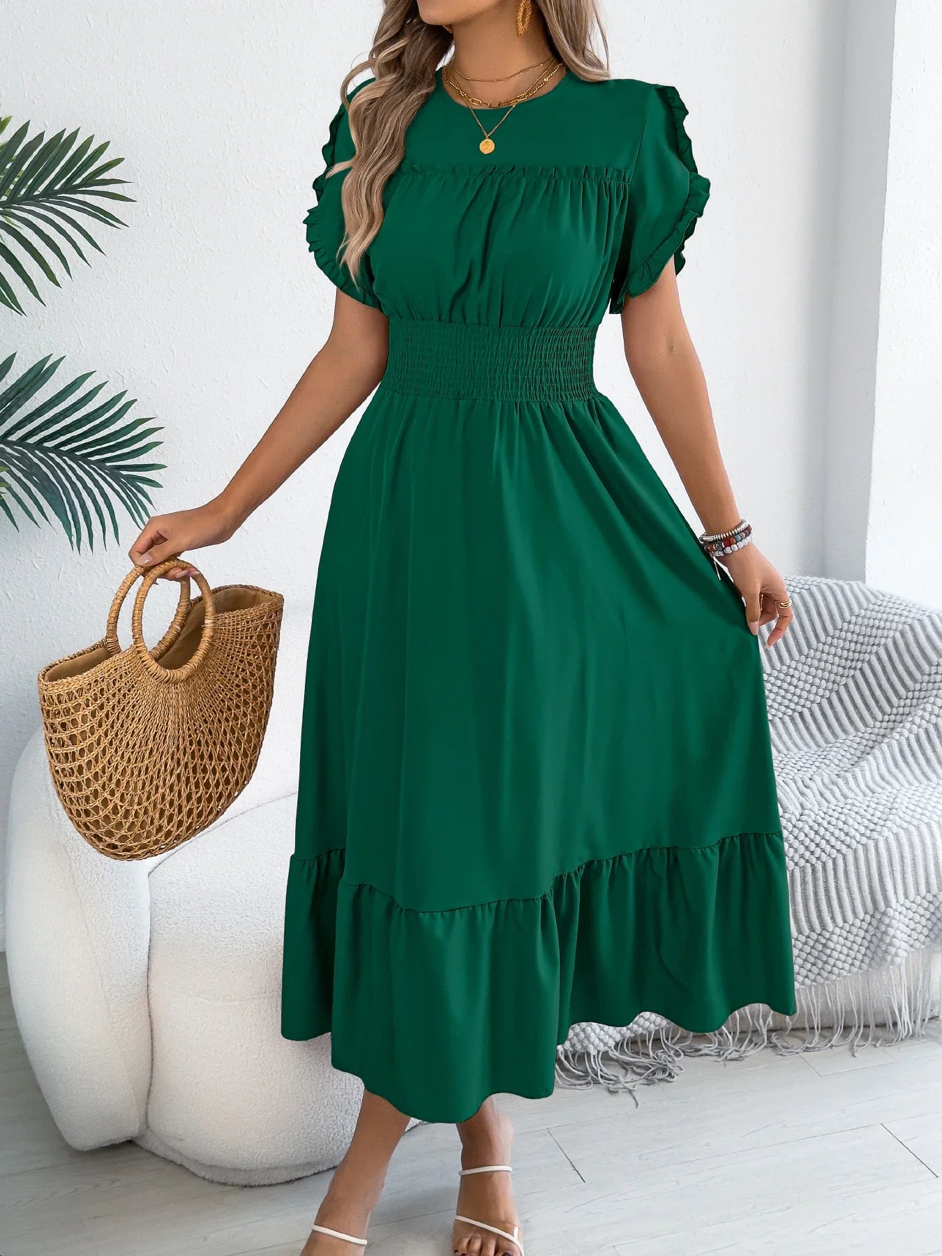 Ruffle Maxi Dress – Cinched Waist Elegant Spring Look