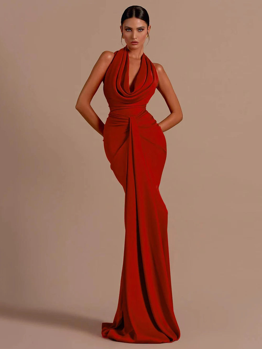 Red Sleeveless Halter Maxi Long Dress