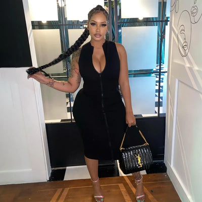Sleeveless Black Bodycon Dress – Zipper Streetwear Summer Style