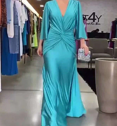 Elegant V-Neck Maxi Dress – Autumn A-Line Party Style