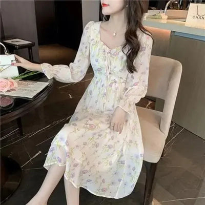 Chiffon Splice Midi Dress – Loose Fit Korean Style 2025