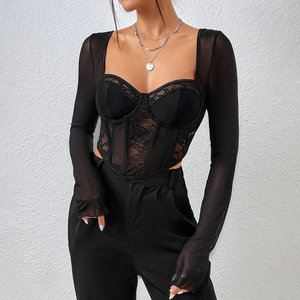 Vemina V Neck Long Sleeve Mesh Crop Top