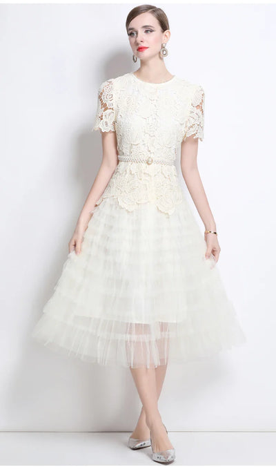 Luxury Lace Embroidered Midi Dress – A-Line Party Style 2025