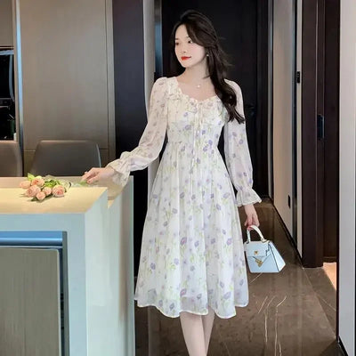 Chiffon Splice Midi Dress – Loose Fit Korean Style 2025