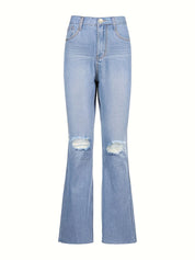 Plain Pipped Holes Flare Jeans