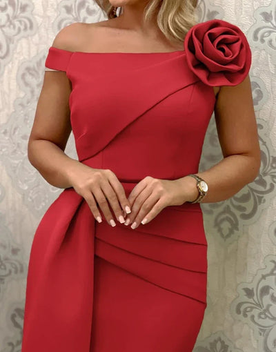Elegant Midi Dress with Rose Detail – Asymmetrical Party Style