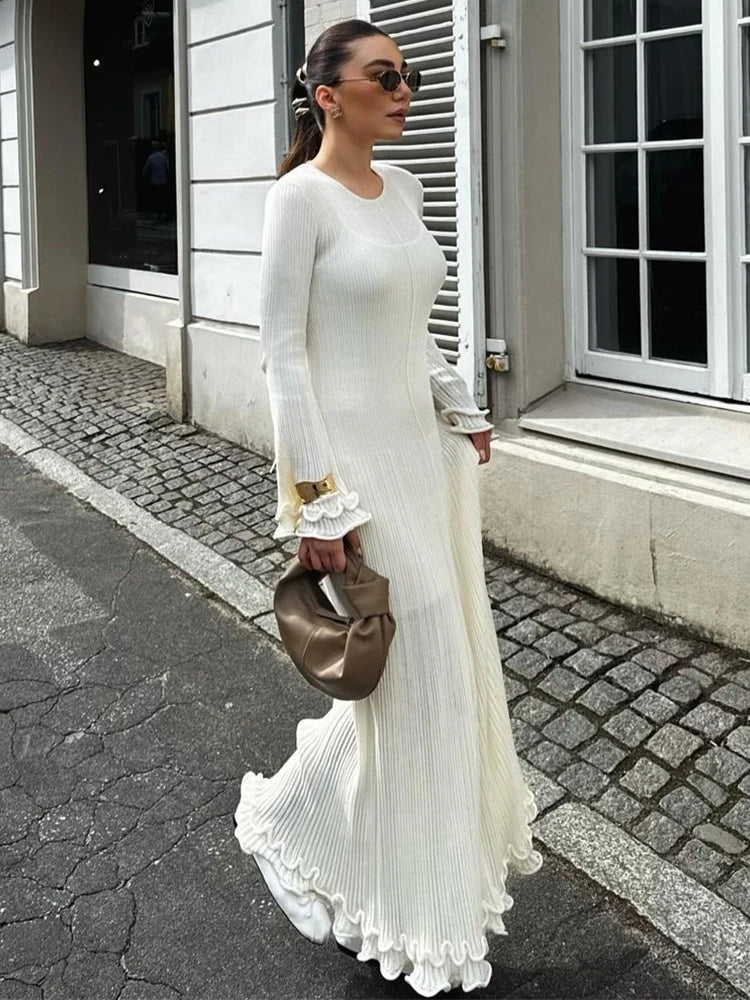 Elegant Ruffle White Long Dress