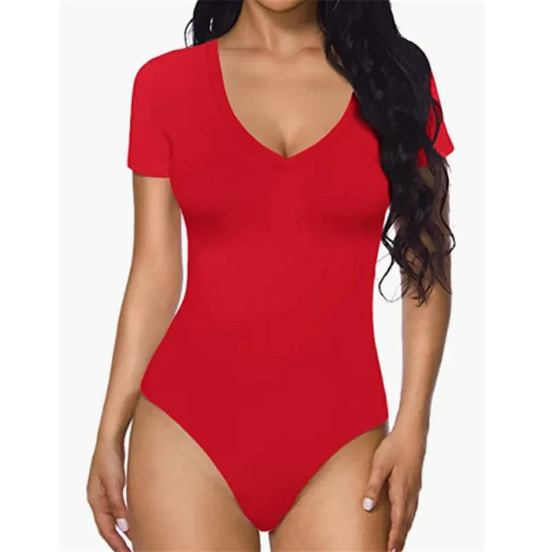 V-Neck Bodysuit – Sexy Short Sleeve Slim Fit