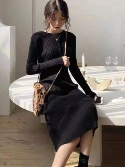 Knitted Crochet Midi Dress – Black Bodycon A-Line Autumn Style