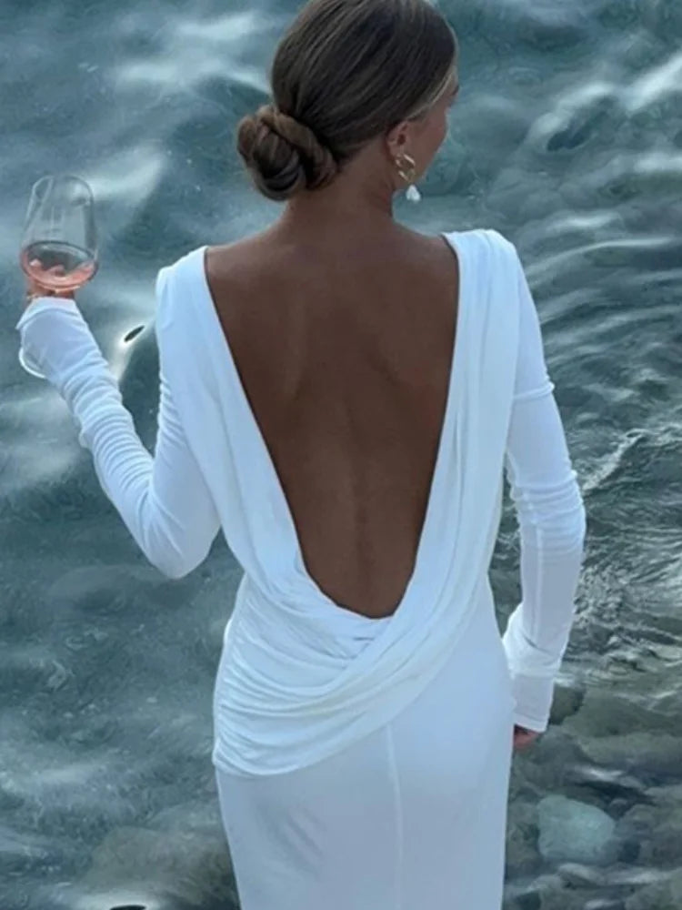 Backless White Long Sleeved Fit Dress