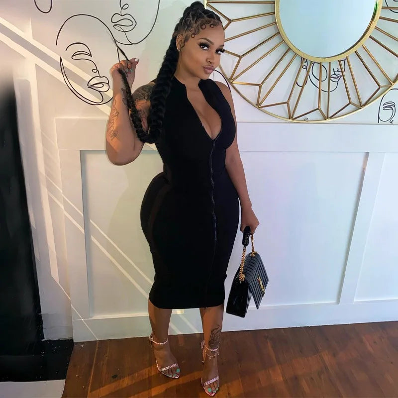 Sleeveless Black Bodycon Dress – Zipper Streetwear Summer Style