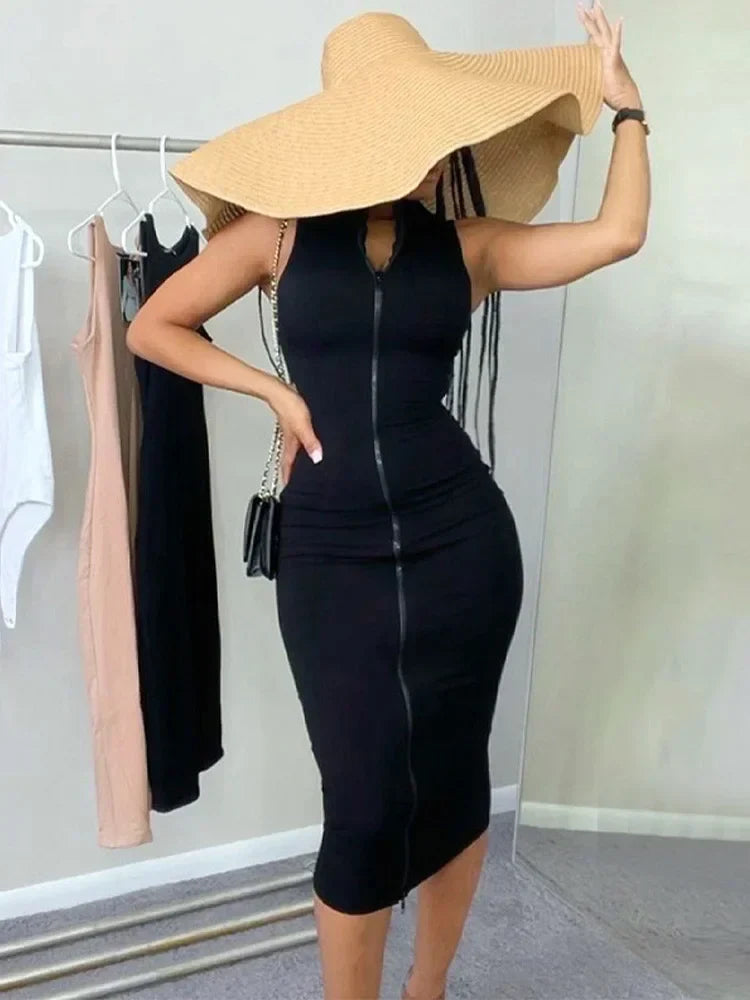 Sleeveless Black Bodycon Dress – Zipper Streetwear Summer Style